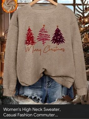 Women’s Beige Crewneck Sweater with Red & Purple Tree Trio